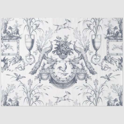 Vintage French Blue White Toile Peacock Botanical Seidenpapier (Vorderseite)