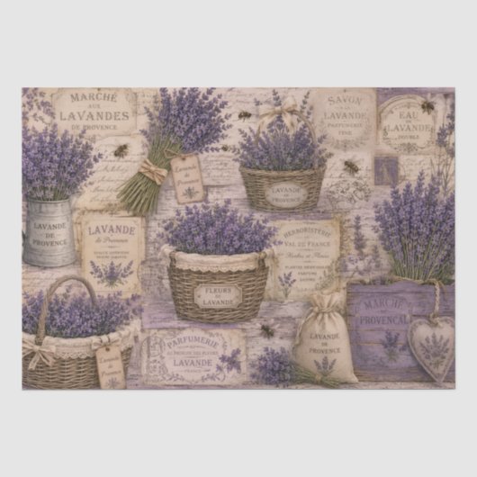 Vintage French Lavender Bees Wicker Baskets Seidenpapier (Vorderseite)