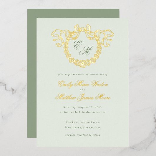 Vintage French Monogram Wreath Sage Wedding Folieneinladung (Vorderseite/Rückseite)