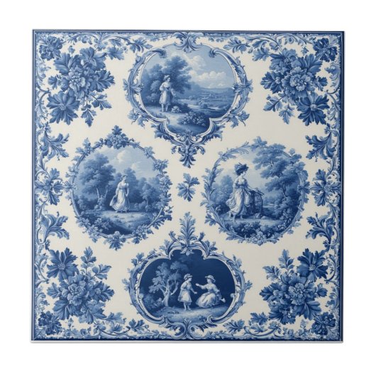 Vintage French Toile Pastoral Countryside Scenery Fliese (Vorderseite)