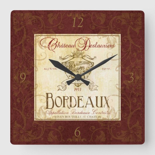 Vintage French Wine Label Wall Clock Quadratische Wanduhr (Vorderseite)