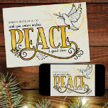 Vintage FriedensTypografie-Sparte für Radiant Dove Feiertagskarte<br><div class="desc">Typografie-Design mit Skizzen in Schwarz und Gold. PEACE ist mit Vintagen Wirbel, Zuhause an einer Taube mit Olivenzweig, strahlt goldenes Licht. Die Erholung der Formulierung ist editierbar und lautet derzeit "[Firmenname] senden Sie Ihnen herzliche Wünsche, Ruhe & guten Beifall". Das Design ist komplett mit Kontur Zeichnungen von Poinsettia und heiligen...</div>