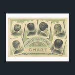 Vintage Friseurstanzkarte Werbung Postkarte<br><div class="desc">Diese Postkarte ist eine Reproduktion einer Vintagen Lithographie Haarschnitt Diagramm,  die verschiedene Frisuren für Männer zeigt.</div>