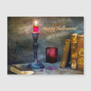 Vintage-Frohe-Halloween-Rote-Kerze-und-alte-Bücher Magnetkarte