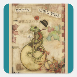 Vintage Frohe kleine Weihnachtsfrosch auf Fahrrad Quadratischer Aufkleber