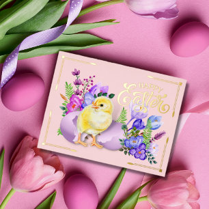 Vintage Frohe Ostern Baby-Küken und Blumen Folien Feiertagspostkarte