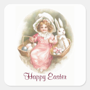 Vintage Frohe Ostern Kind Quadratischer Aufkleber