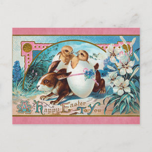 Vintage Frohe Ostern Süße Kaninchen Küken Ei Postkarte