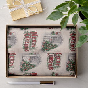 Vintage "Frohe Weihnachten" Baum im Fenster Seidenpapier