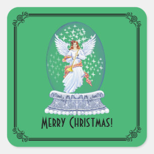 Vintage Frohe Weihnachten Engel Funkelnde Schneeku Quadratischer Aufkleber