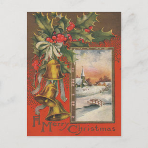 Vintage "Frohe Weihnachten" Glocken Winterdorf Feiertagspostkarte