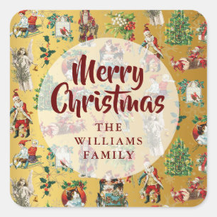 Vintage Frohe Weihnachten Gold Familienname Quadratischer Aufkleber