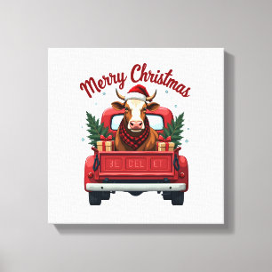 Vintage Frohe Weihnachten Highland-Kuh roter LKW H Leinwanddruck