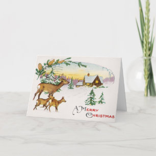 Vintage Frohe Weihnachten Hirsch und Haus im Schne