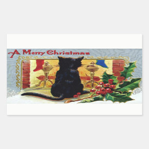 Vintage Frohe Weihnachten-Kätzchen-Kamin-Stechpalm Rechteckiger Aufkleber