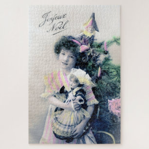 Vintage Frohe Weihnachten mit Mädchen und Puppe Puzzle