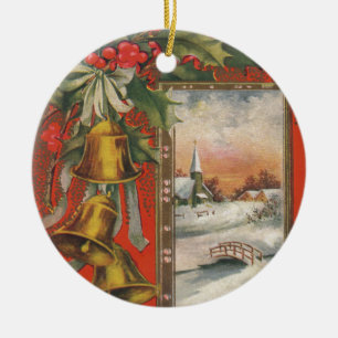 Vintage "Frohe Weihnachten" mit Weihnachtsglocken Keramikornament