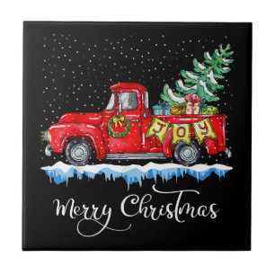 Vintage Frohe Weihnachten Roter LKW Altmodisch Ch Fliese
