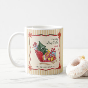 Vintage Frohe Weihnachten Schlitten Streifen Kaffeetasse