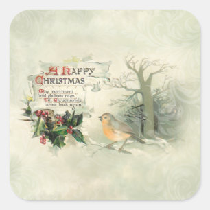 Vintage Frohe Weihnachten Schriftrolle, Stechpalme Quadratischer Aufkleber