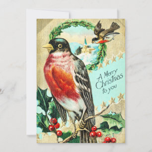 Vintage Frohe Weihnachten Vogel Stechpalme Einladung