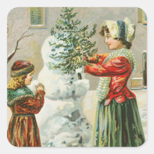 Vintage Frohe Weihnachten Winter Schneemann Quadratischer Aufkleber