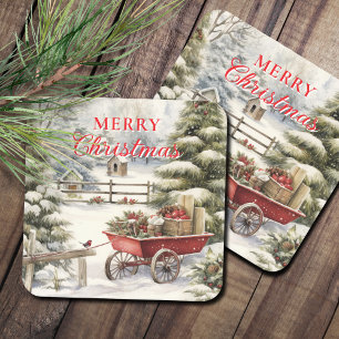 Vintage Frohe Weihnachten Winterwald Rechteckiger Pappuntersetzer