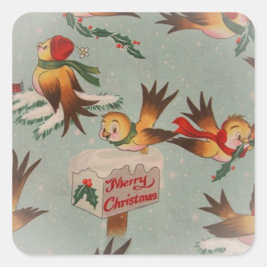 Vintage frohe Weihnachtsvögel Quadratischer Aufkleber (Vorderseite)