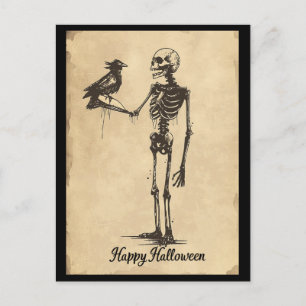 Vintage Frohes Halloween Grusel Skelett Schwarzer  Postkarte