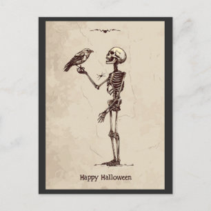 Vintage Frohes Halloween Grusel Skelett Vogel Postkarte