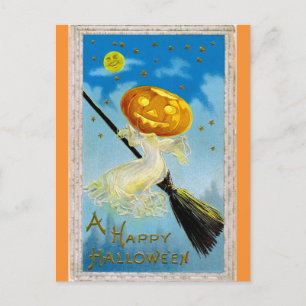 Vintage Frohes Halloween Kürbis Hexe Postkarte
