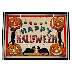 Vintage Frohes Halloween Kürbisse Schwarze Katzen Große Geschenktüte