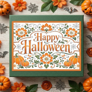 Vintage Frohes Halloween Kürbisse Weiße Blumen Kun Rechteckiger Aufkleber