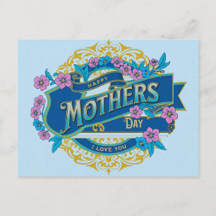 Vintage Frohes Muttertagsfest Blaue Blumen Blumen Postkarte