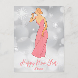 Vintage Frohes Neues Jahr Art Deco Lady Postkarte
