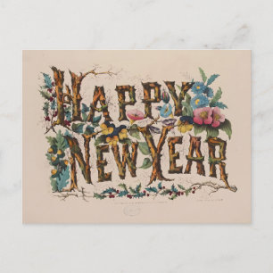 Vintage "Frohes Neues Jahr" Botanische Schrift Postkarte