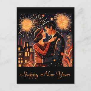 Vintage Frohes Neues Jahr Feuerwerk Art Deco Paar Postkarte