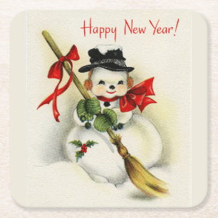 Vintage Frohes Neues Jahr Schneemann Rechteckiger Pappuntersetzer