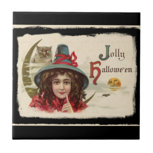 Vintage fröhliche Halloween-Hexe Fliese