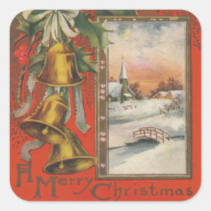 Vintage "Fröhliche Weihnachten" mit Glocken Quadratischer Aufkleber