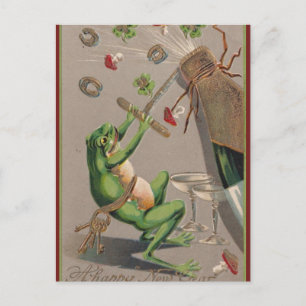 Vintage-Frosch knallt Korken auf Champagner Neujah Postkarte