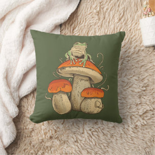 Vintage Frosch mit Pilzen Cottagecore Kissen