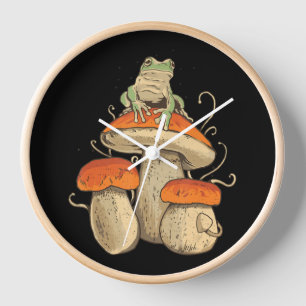 Vintage Frosch mit Pilzen Cottagecore Uhr
