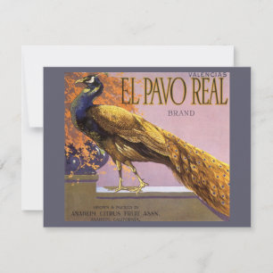 Vintage-Fruchkisten-Etikettenkunst El Pavo Pfauen-