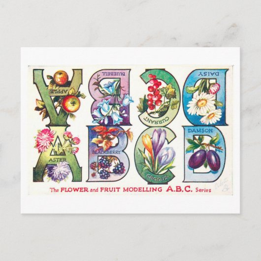 Vintage-Frucht- und Blumenalphabet A-D Postkarte (Vorderseite)