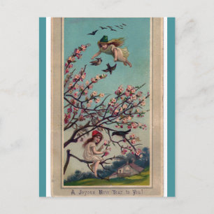 Vintage Früchte und Kirschblüten glücklich Neues J Postkarte