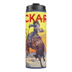 Vintage-Fruchtkisten-Etiketten-Kunst, Buckaroo-Äpf Thermosbecher