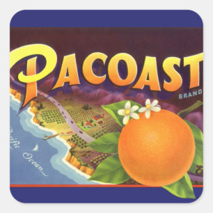 Vintage-Fruchtkisten-Etiketten-Kunst, Pacoast-Oran Quadratischer Aufkleber