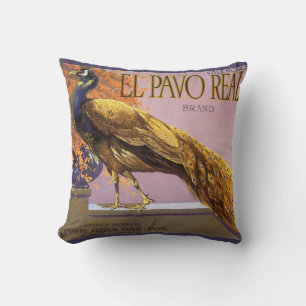 Vintage-Fruchtkisten-Etikettenkunst El Pavo Pfau V Kissen