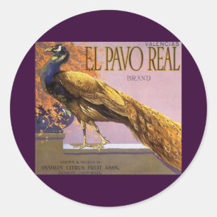 Vintage-Fruchtkisten-Etikettenkunst El Pavo Pfau V Runder Aufkleber